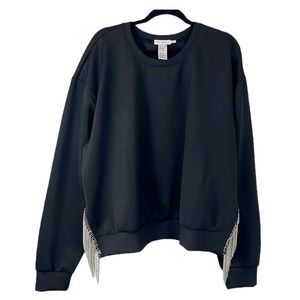 Good American Faux Crystal Fringe Side Slit Sweatshirt Women's Plus 6 = 3X Black